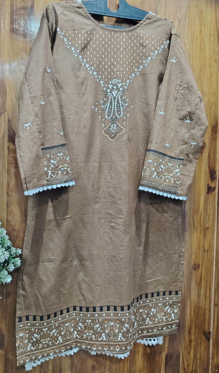 Brown Digital Printed Cotton kurti pant dupatta set