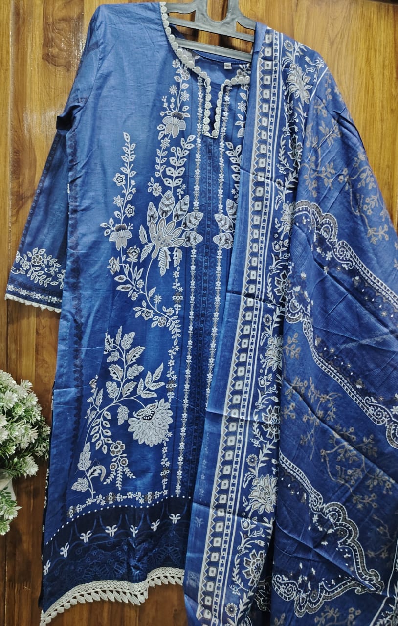 NAVY BLUE Digital Printed  cotton kurti pant dupatta set