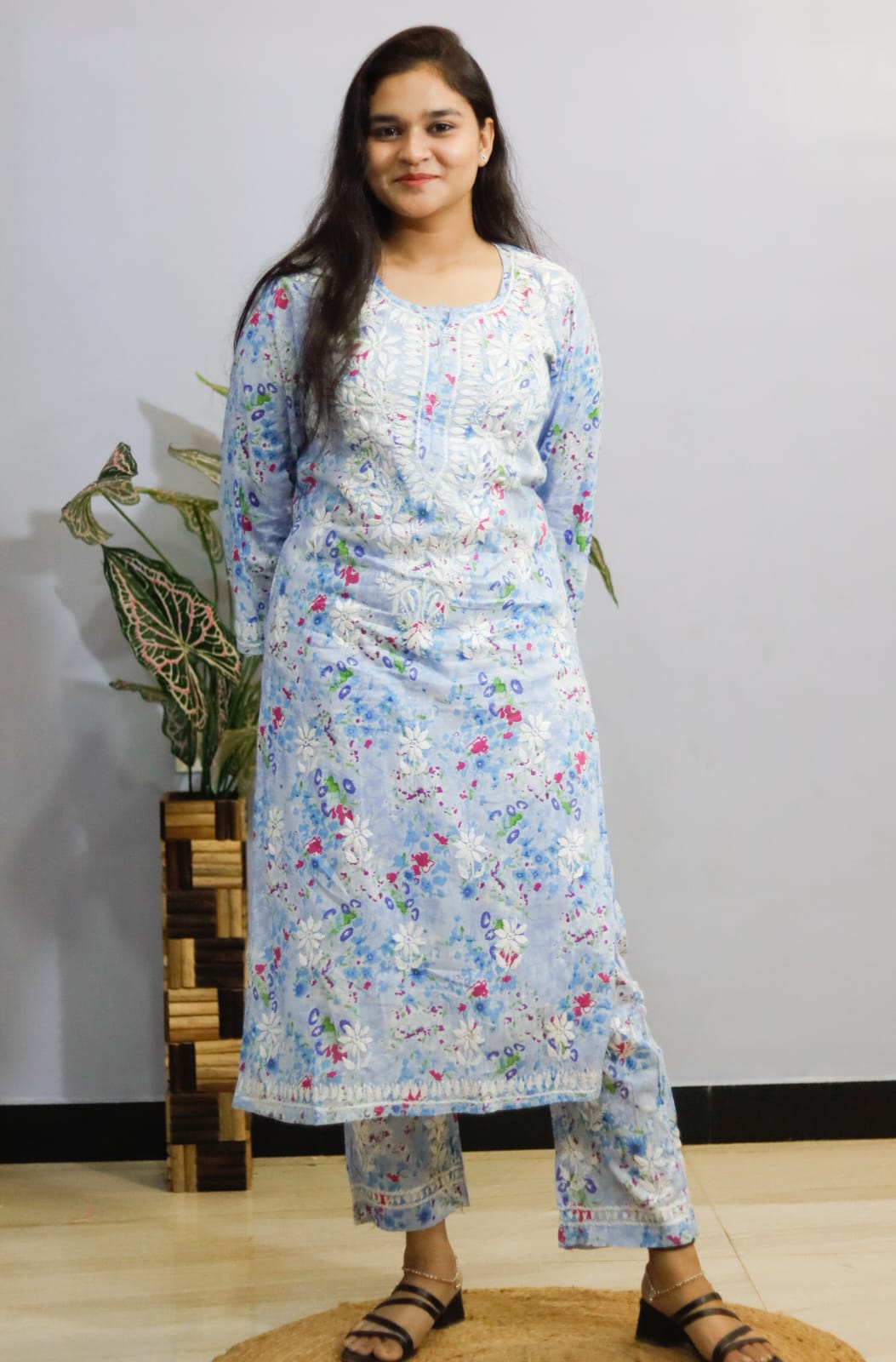 pastel blue Mal Mal Cotton Chicken kari kurti-pant set