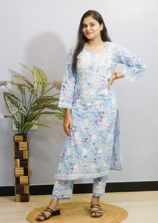 pastel blue Mal Mal Cotton Chicken kari kurti-pant set