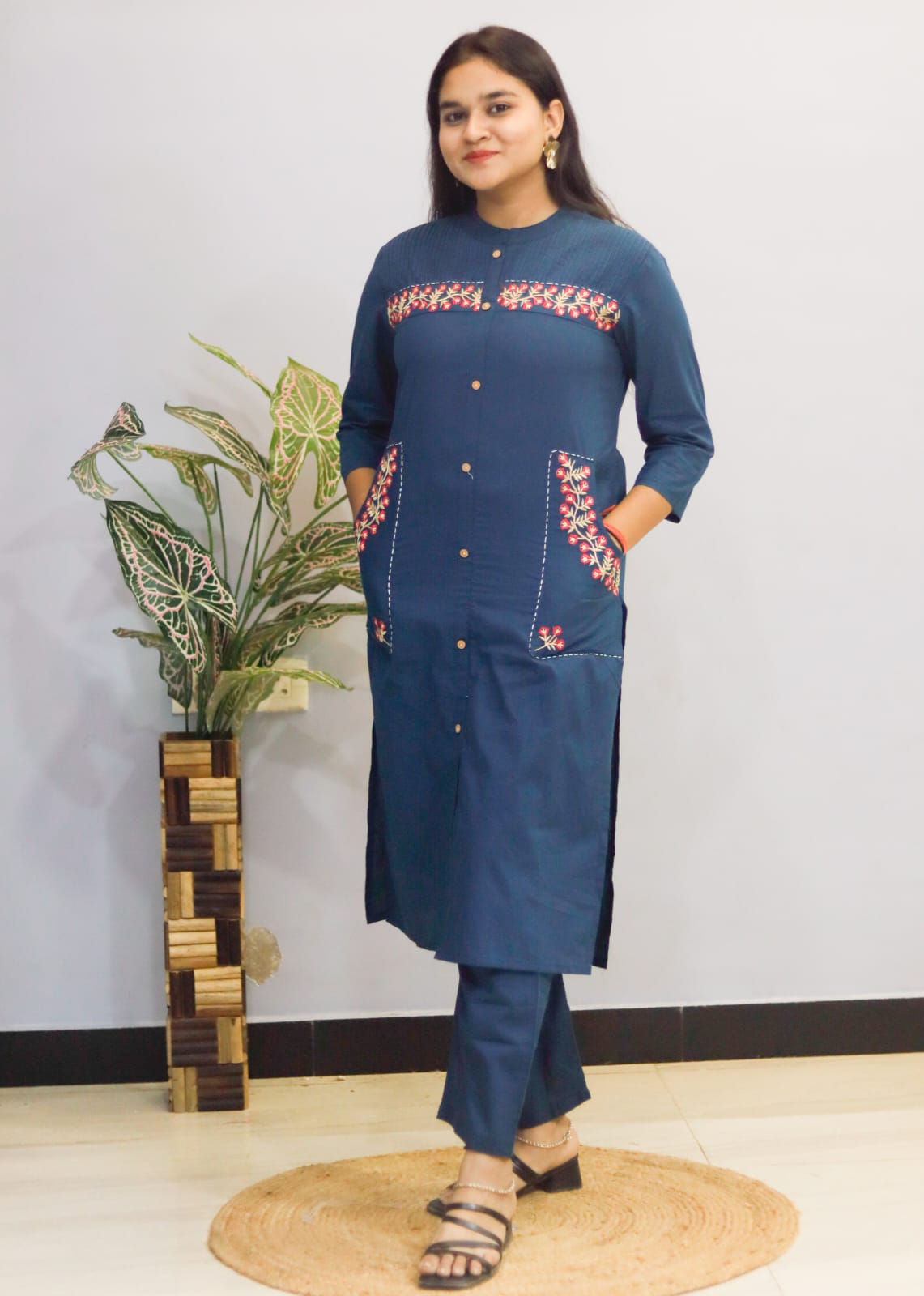 Blue indgo pure cotton kurti pant cord set with pocket for working women