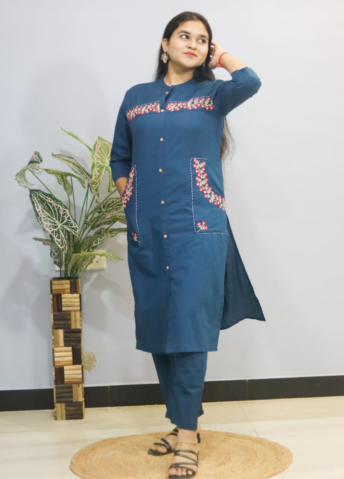 Blue indgo pure cotton kurti pant cord set with pocket for working women
