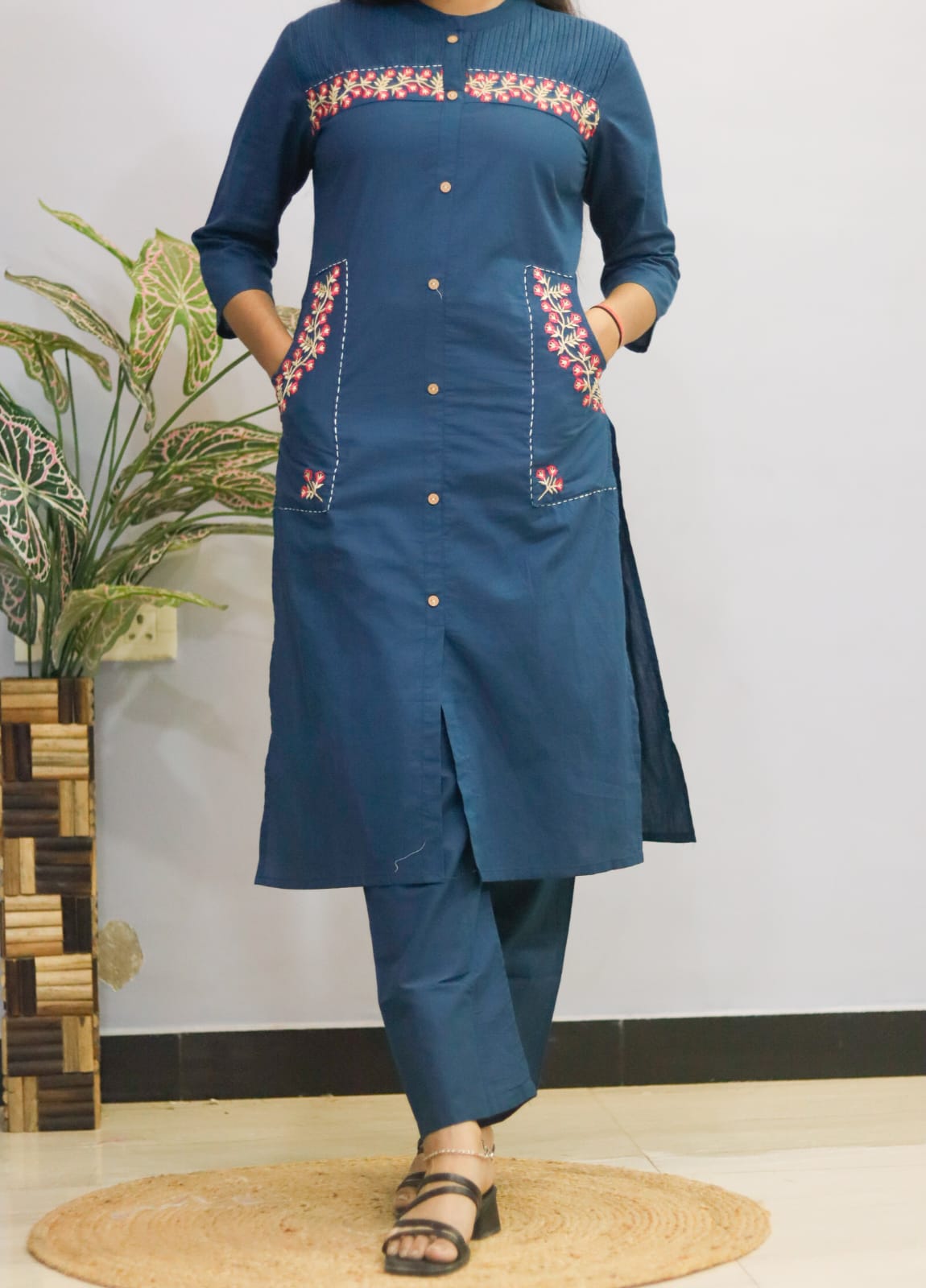Blue indgo pure cotton kurti pant cord set with pocket for working women