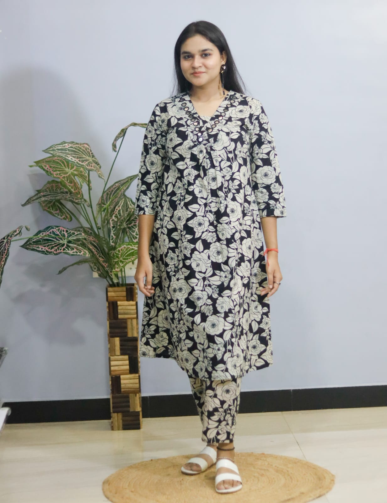 Black Floral  Cotton Kurti Pant , Cord  Set