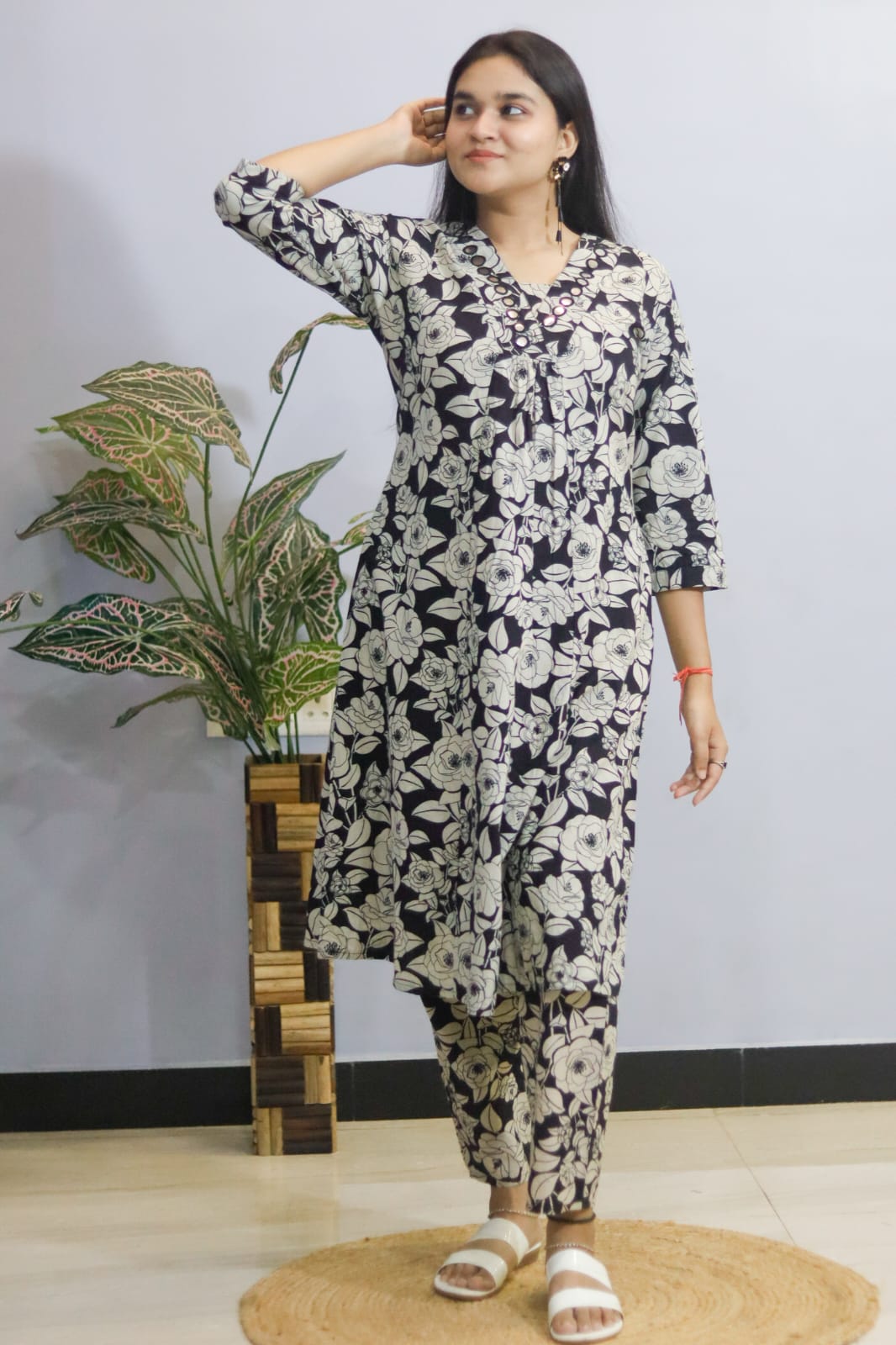 Black Floral  Cotton Kurti Pant , Cord  Set