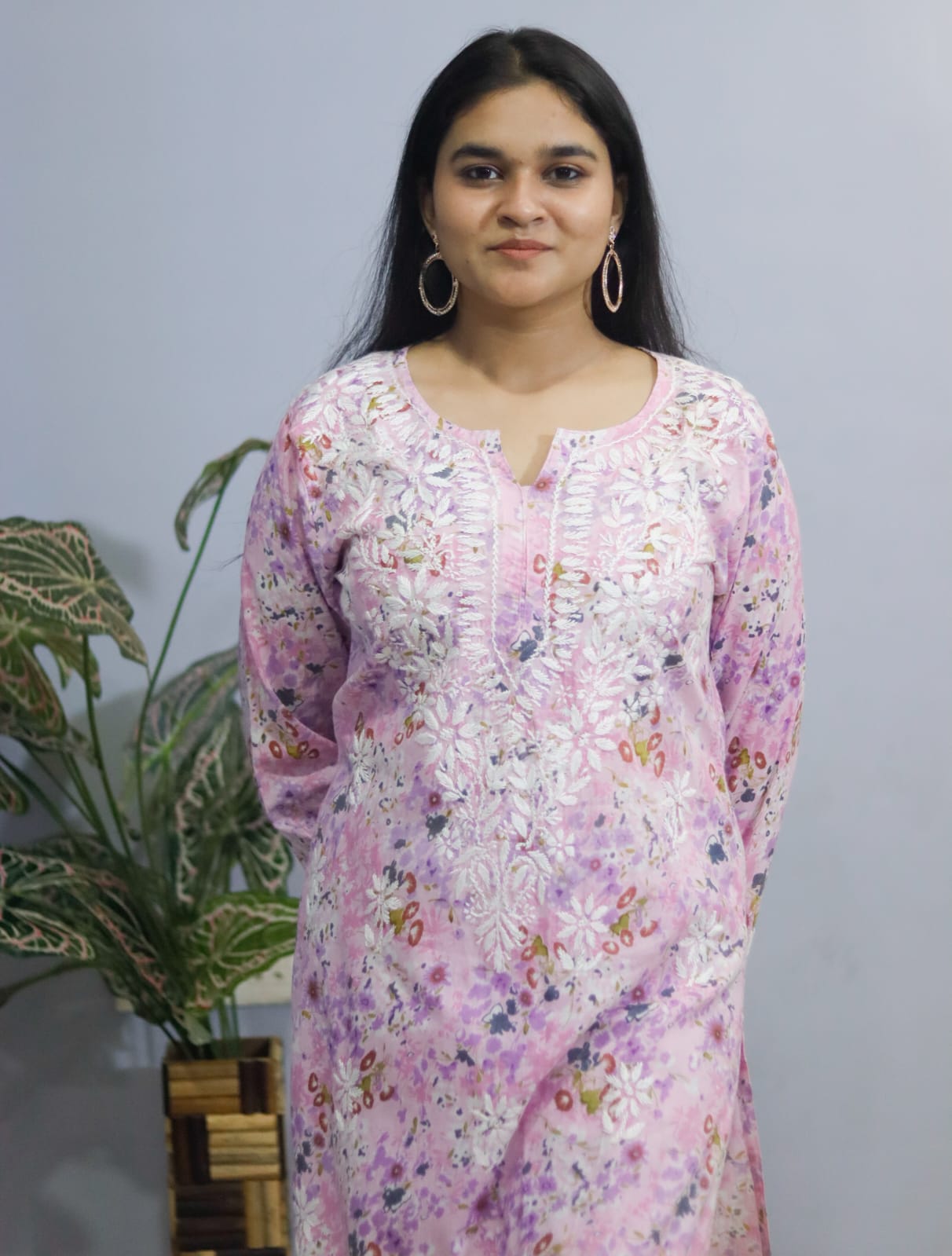 pastel pink  Mal Mal Cotton kurti-pant set Chikankari  floral print.