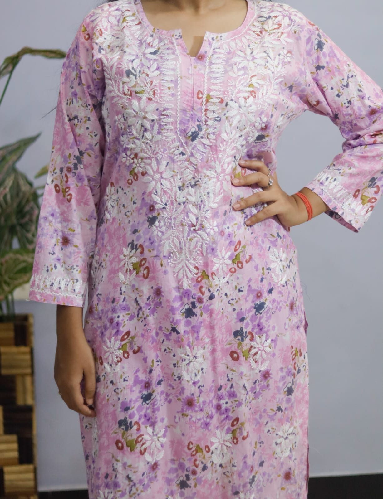 pastel pink  Mal Mal Cotton kurti-pant set Chikankari  floral print.
