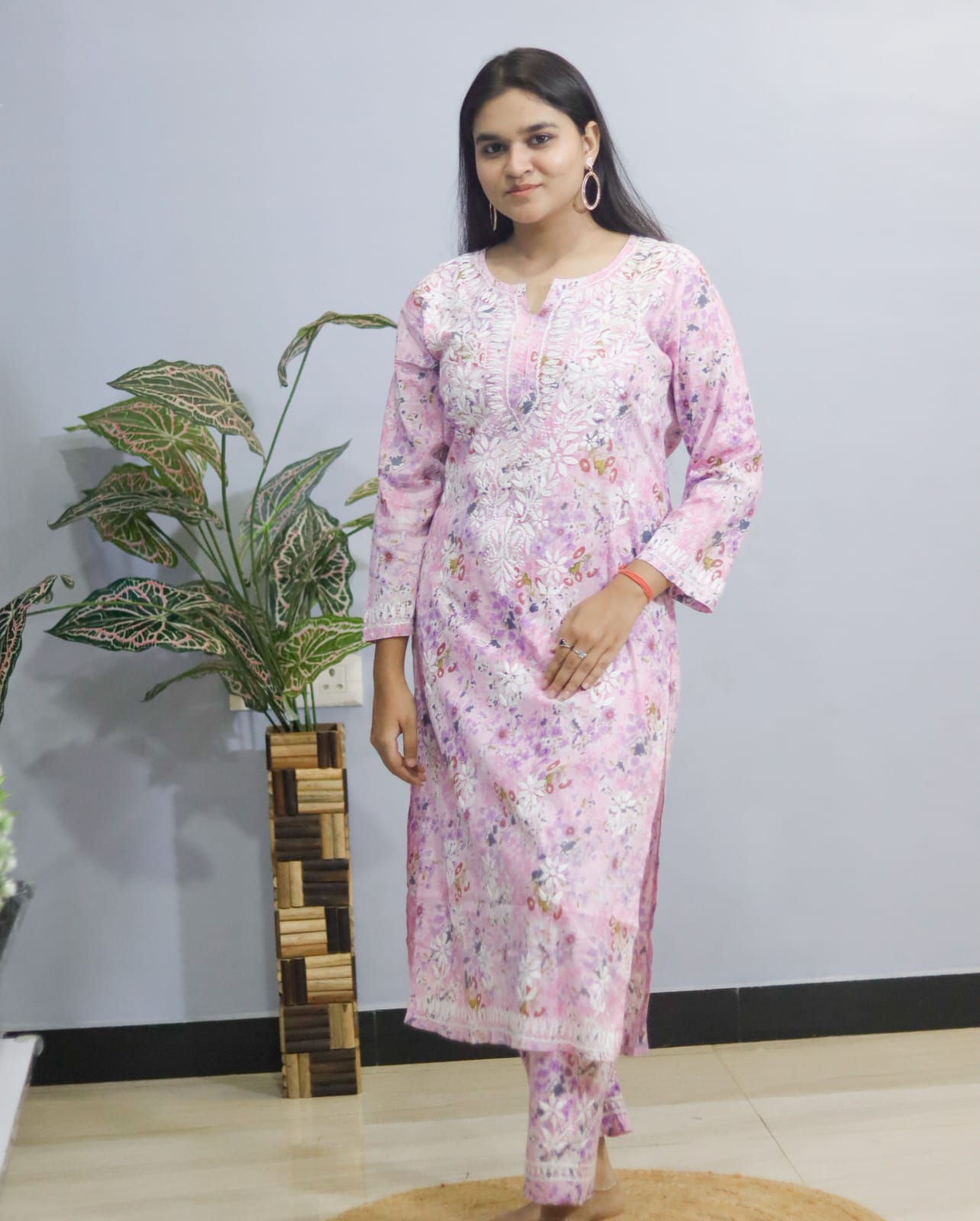 pastel pink  Mal Mal Cotton kurti-pant set Chikankari  floral print.