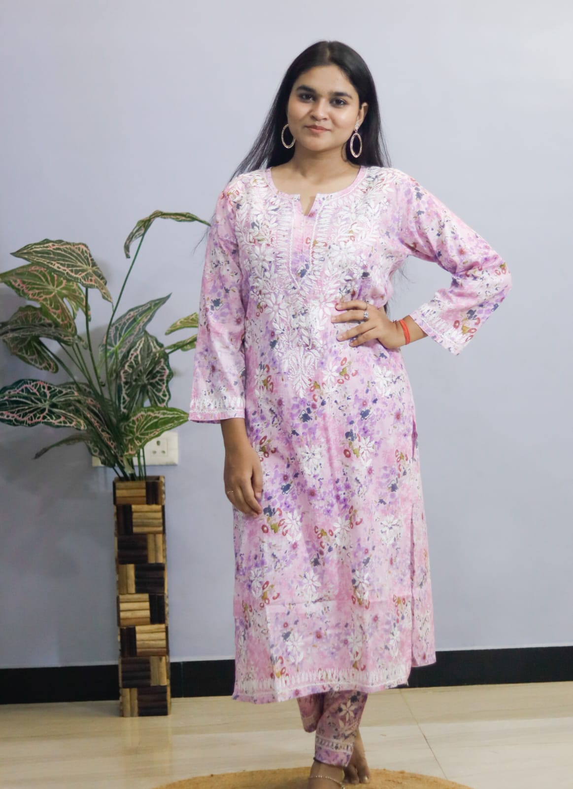 pastel pink  Mal Mal Cotton kurti-pant set Chikankari  floral print.