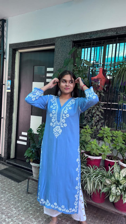 Noor-E-Lucknow Sky Blue Chikankari Kurti