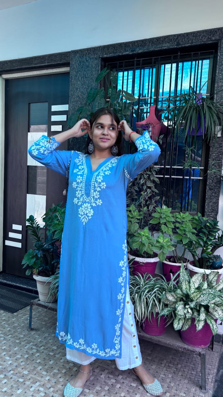 Noor-E-Lucknow Sky Blue Chikankari Kurti