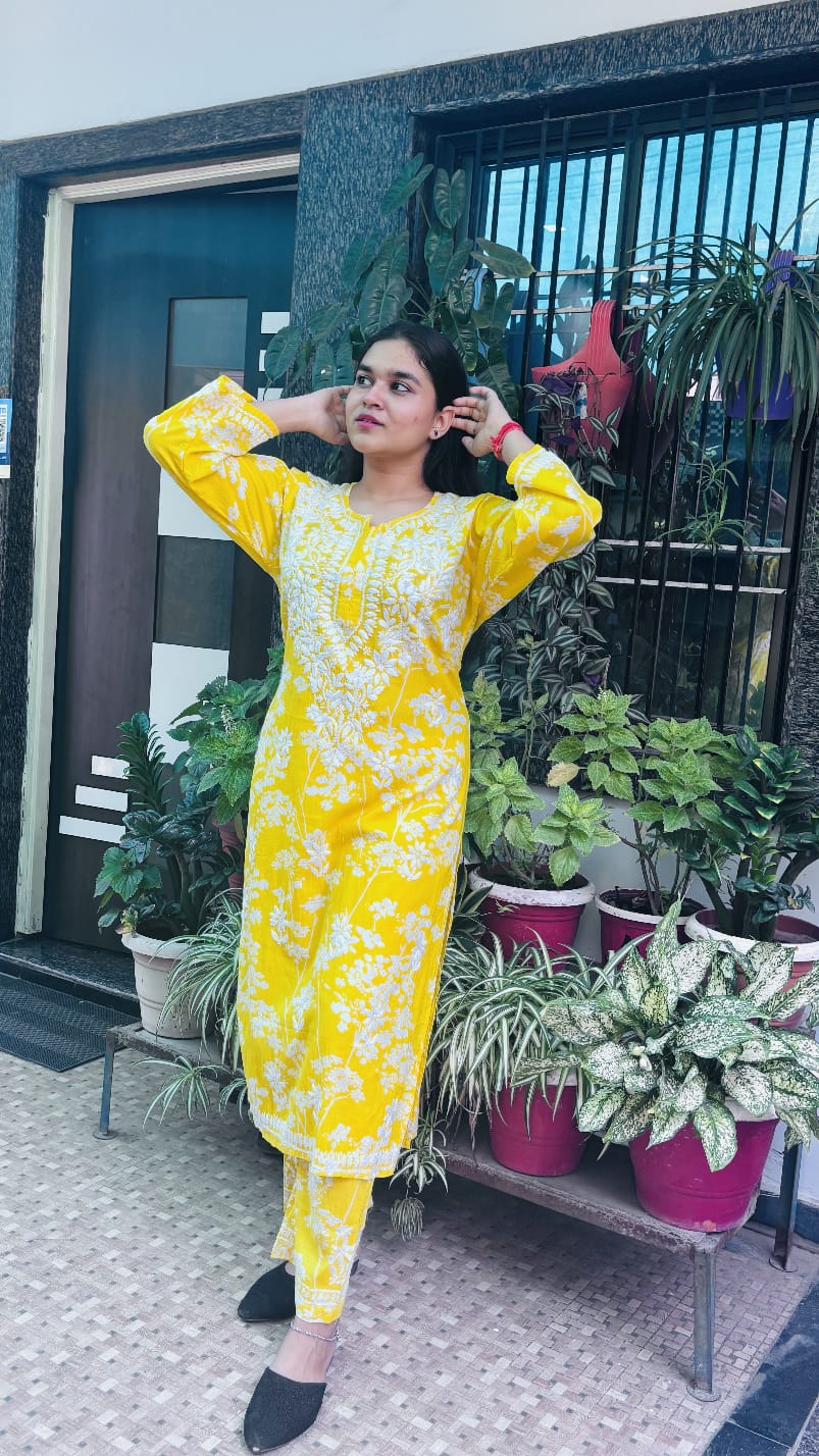 Mustard Yellow  Mal mal cotton kurti and pant set