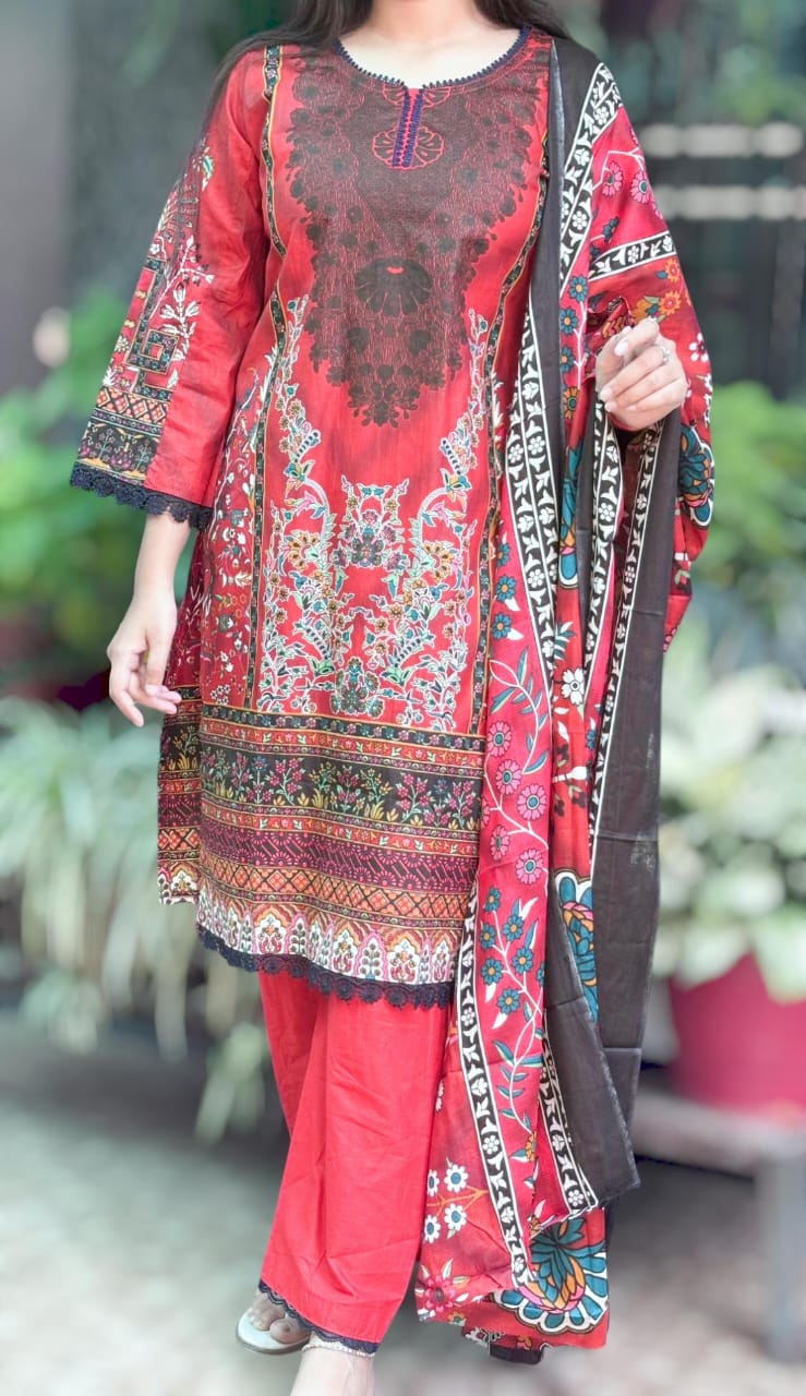 Tomato Rad Digital printed  cotton kurta pant dupatta set