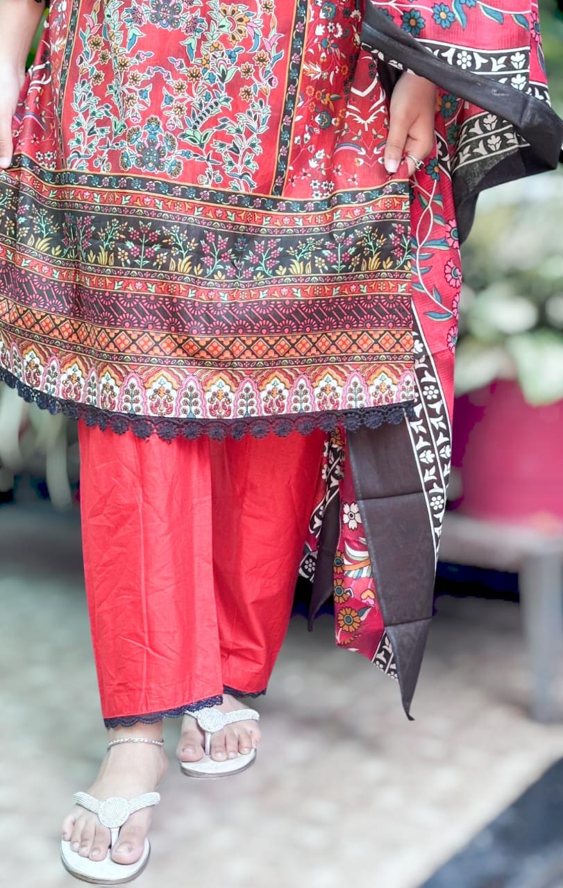 Tomato Rad Digital printed  cotton kurta pant dupatta set