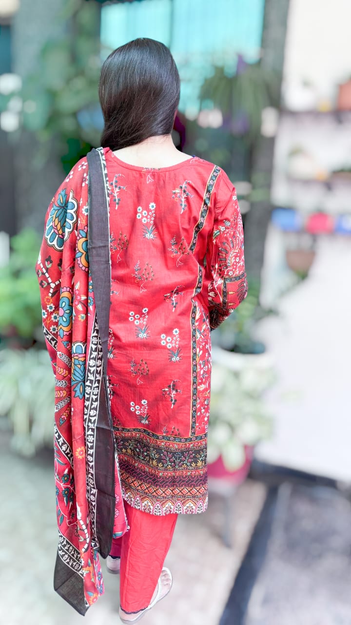 Tomato Rad Digital printed  cotton kurta pant dupatta set