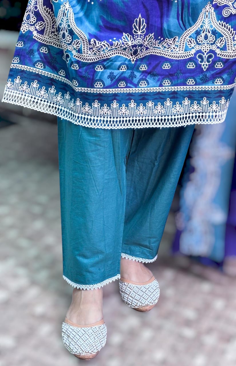 Peacock Grace Digital  Printed Cotton Kurti Pant Dupatta Set