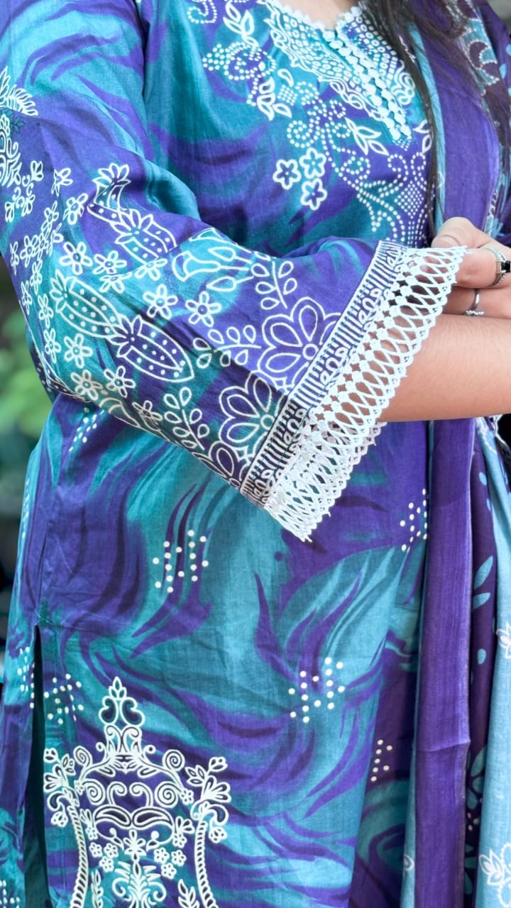 Peacock Grace Digital  Printed Cotton Kurti Pant Dupatta Set