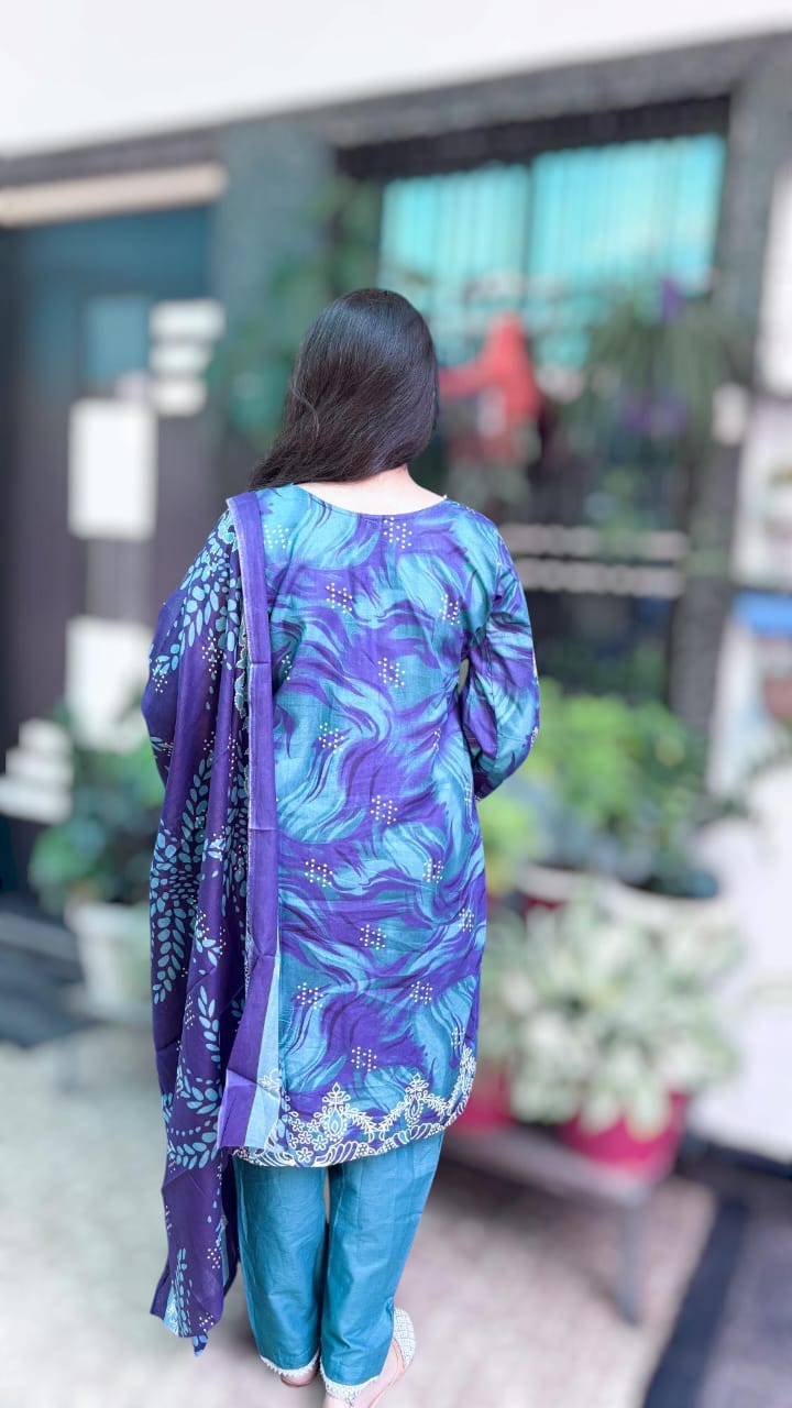 Peacock Grace Digital  Printed Cotton Kurti Pant Dupatta Set