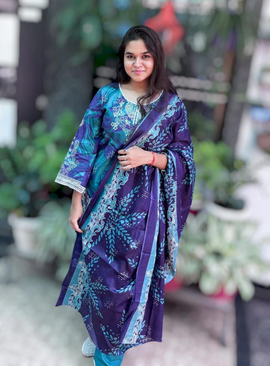 Peacock Grace Digital  Printed Cotton Kurti Pant Dupatta Set