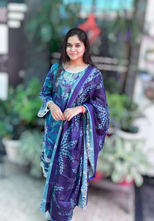 Peacock Grace Digital  Printed Cotton Kurti Pant Dupatta Set