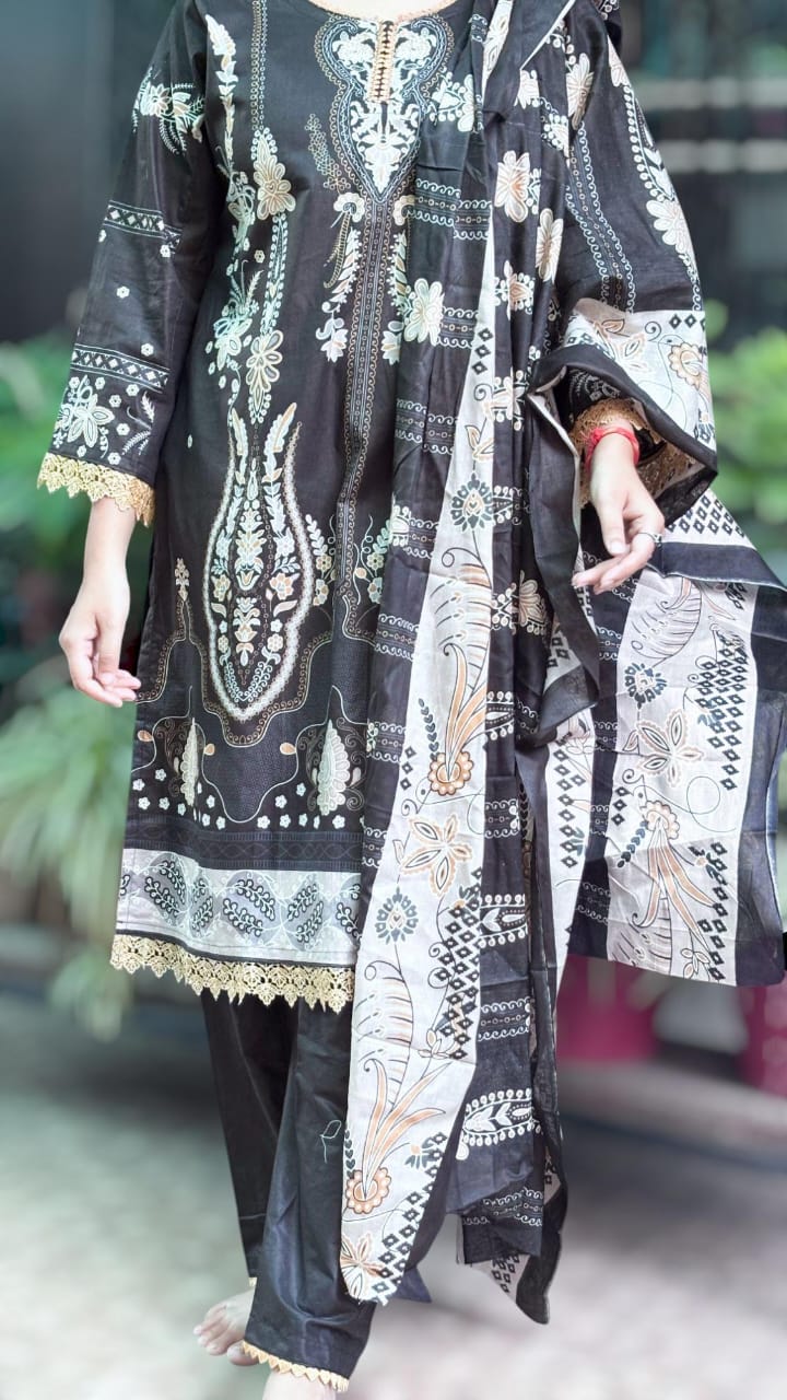 Zehra Black Digital printed  cotton kurti pant dupatta set