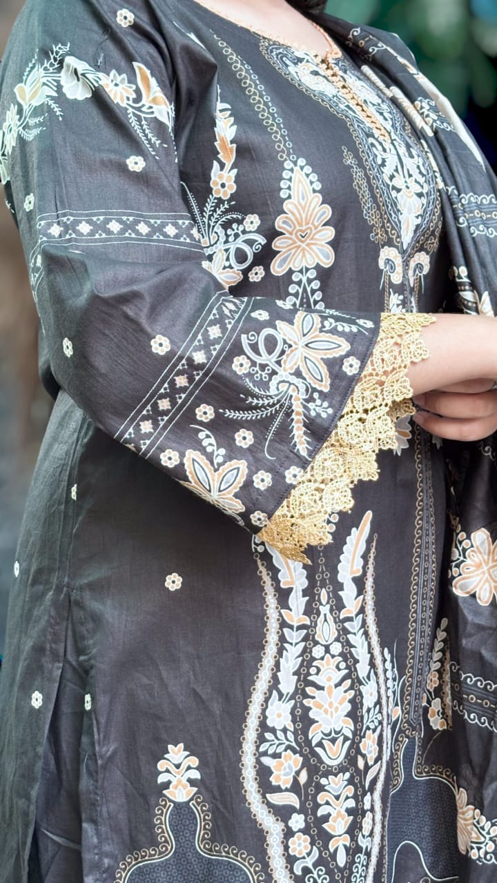 Zehra Black Digital printed  cotton kurti pant dupatta set