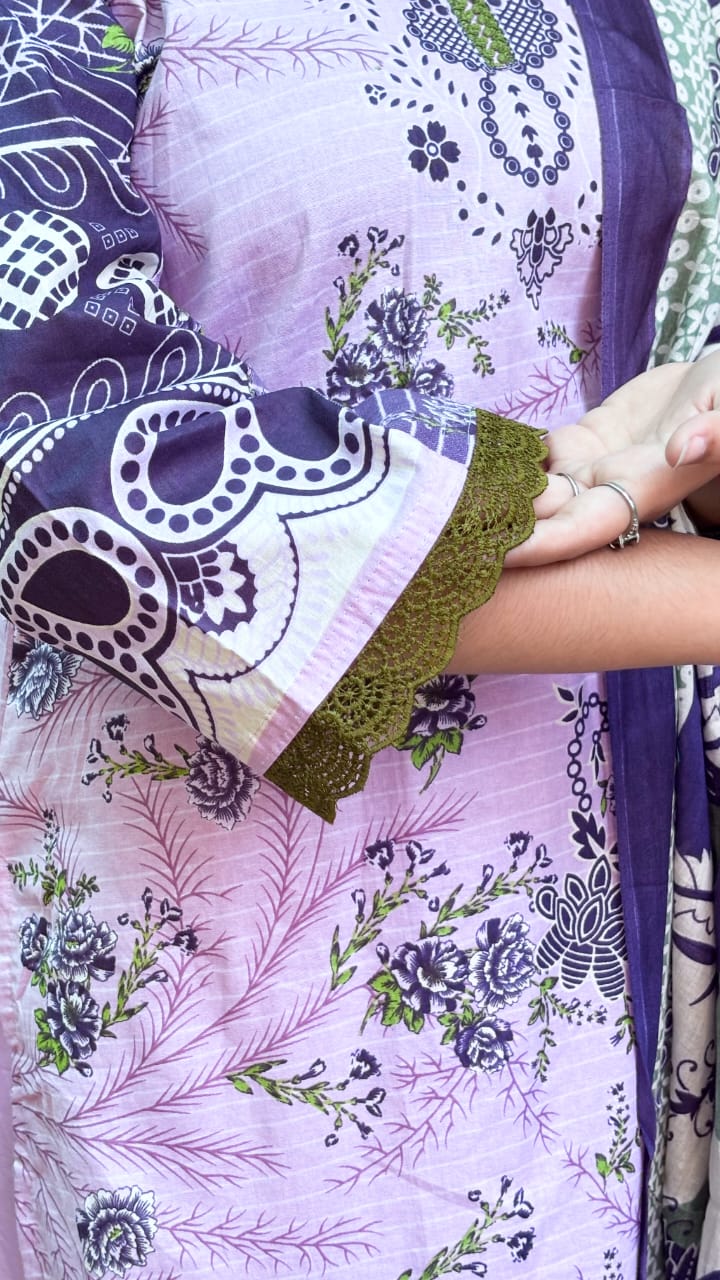 Deep purple Digital  Printed Cotton Kurti Pant Dupatta set