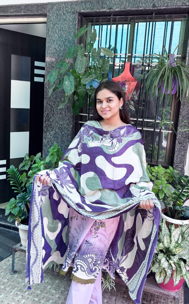 Deep purple Digital  Printed Cotton Kurti Pant Dupatta set