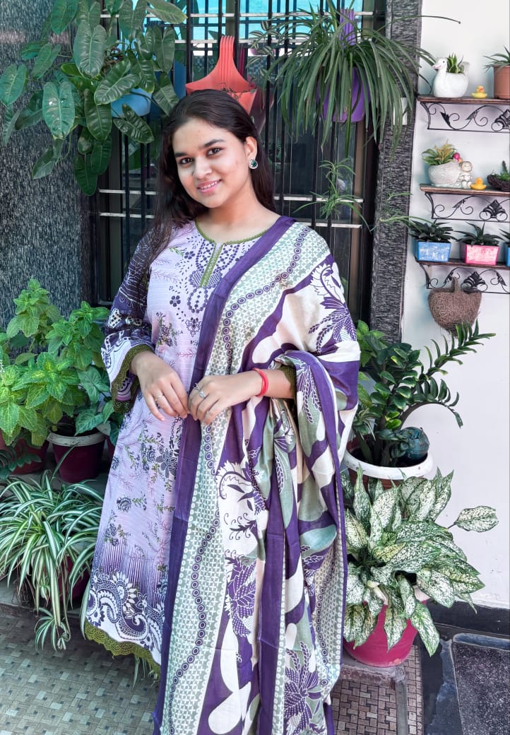 Deep purple Digital  Printed Cotton Kurti Pant Dupatta set