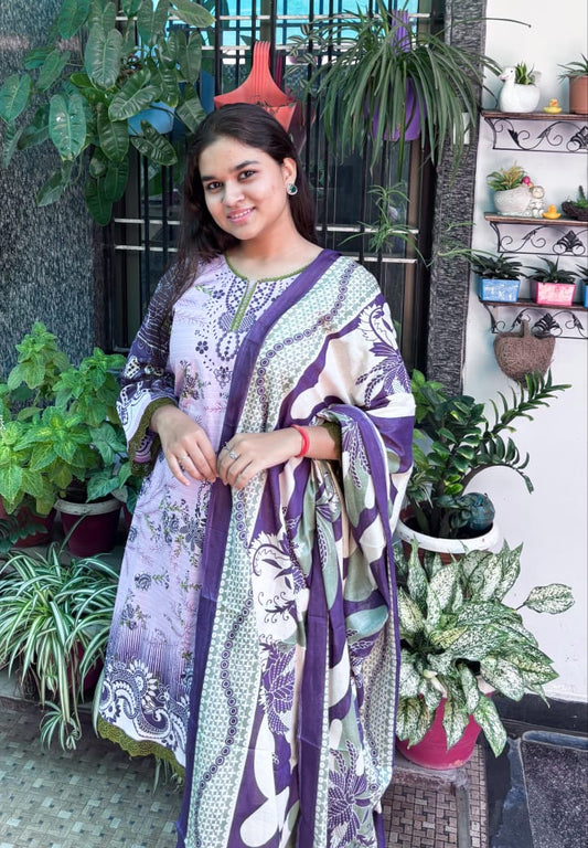 Deep purple Digital  Printed Cotton Kurti Pant Dupatta set
