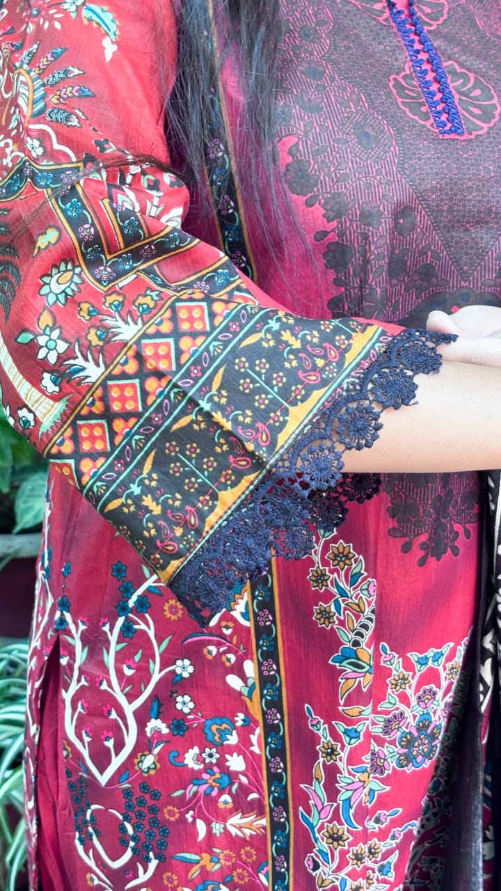 Tomato Rad Digital printed  cotton kurta pant dupatta set