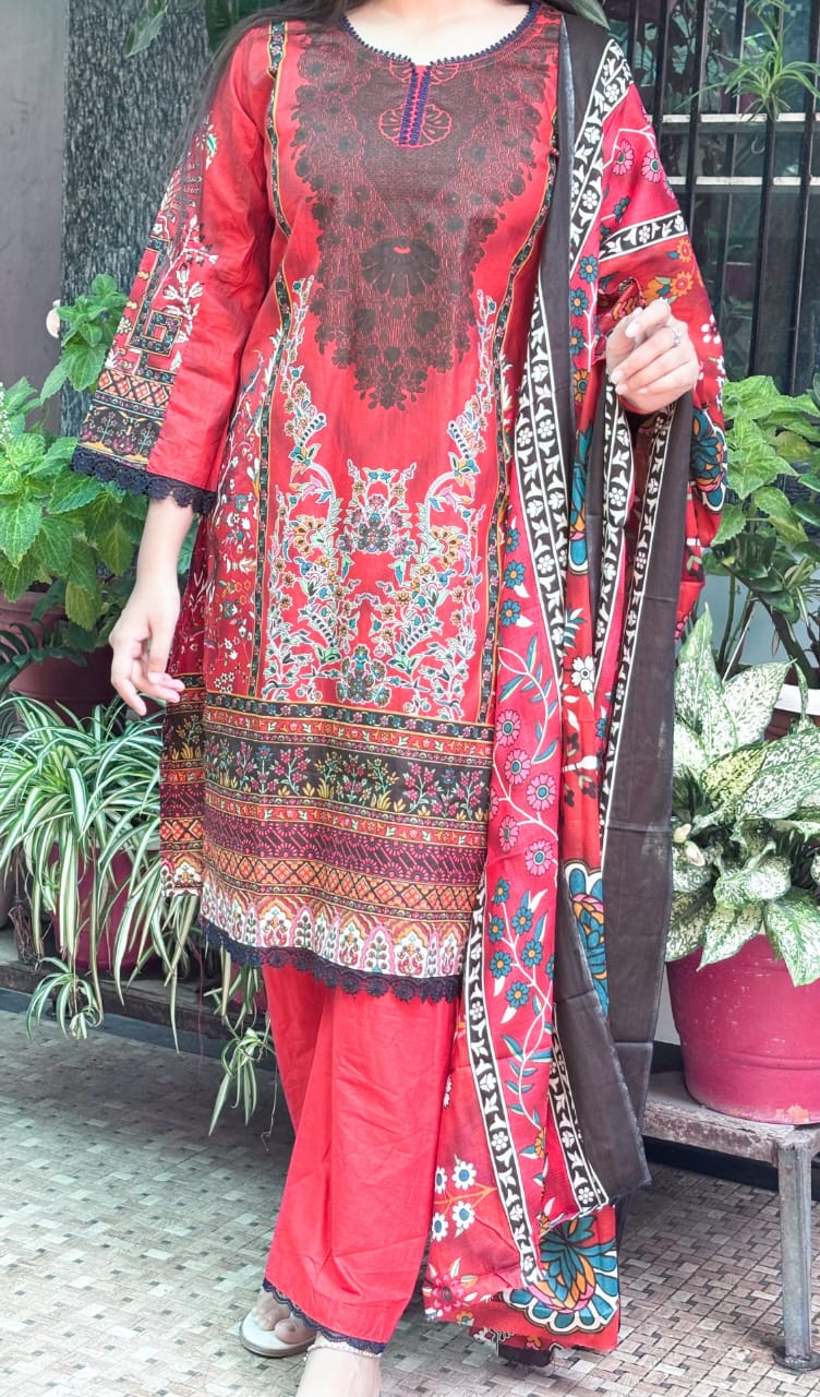 Tomato Rad Digital printed  cotton kurta pant dupatta set