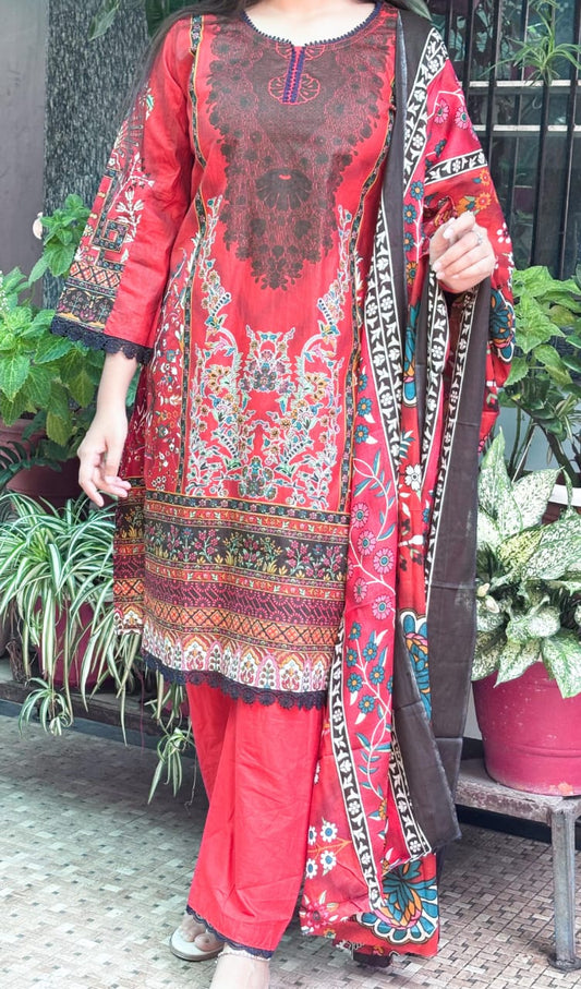 Tomato Rad Digital printed  cotton kurta pant dupatta set