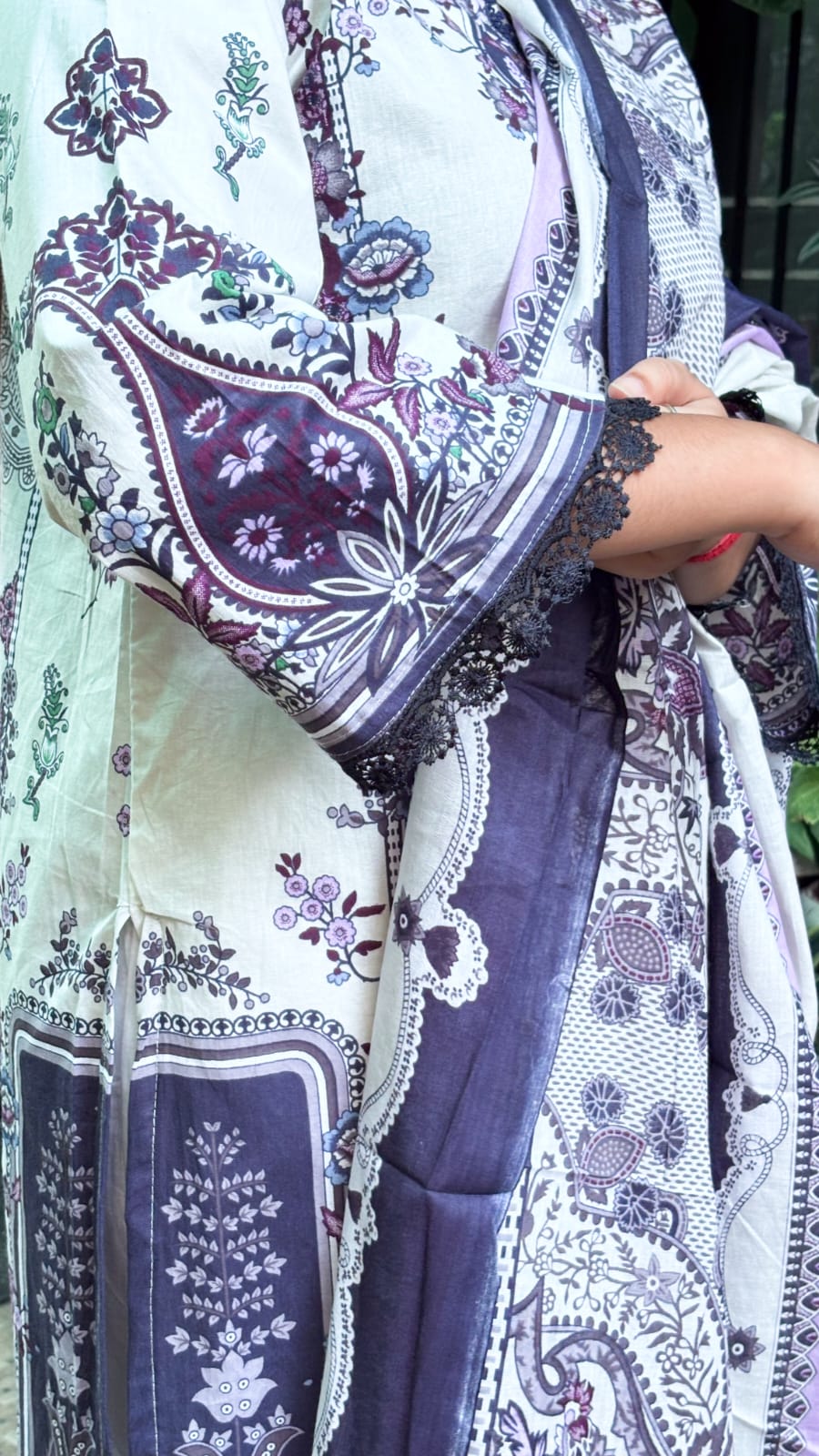 Soft Off-White Base & Deep Purple Floral  Digital printed cotton kurti pant dupatta set