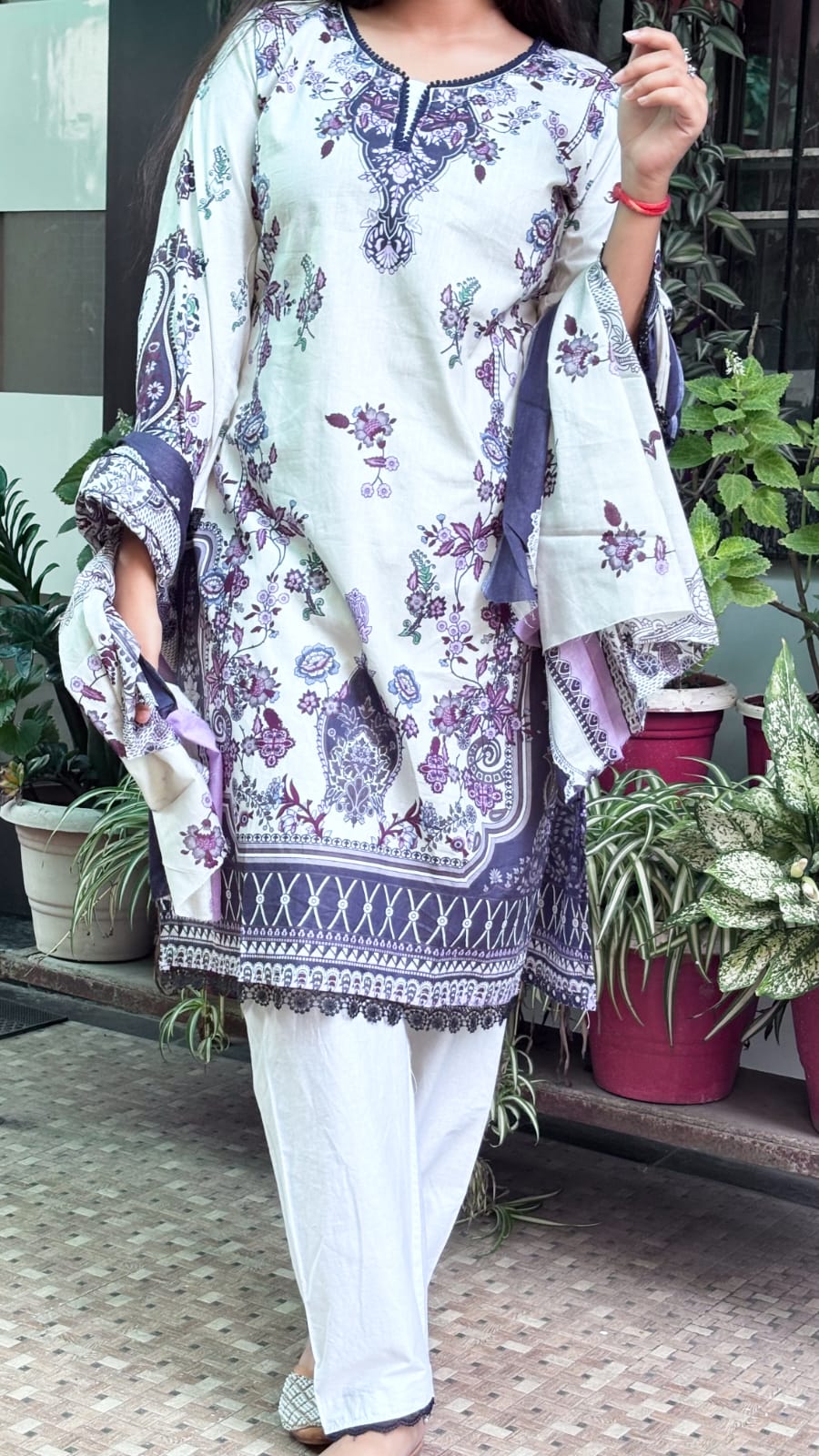 Soft Off-White Base & Deep Purple Floral  Digital printed cotton kurti pant dupatta set