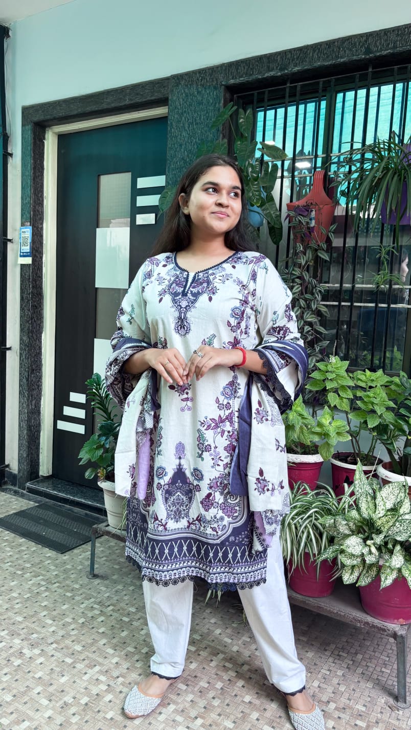 Soft Off-White Base & Deep Purple Floral  Digital printed cotton kurti pant dupatta set