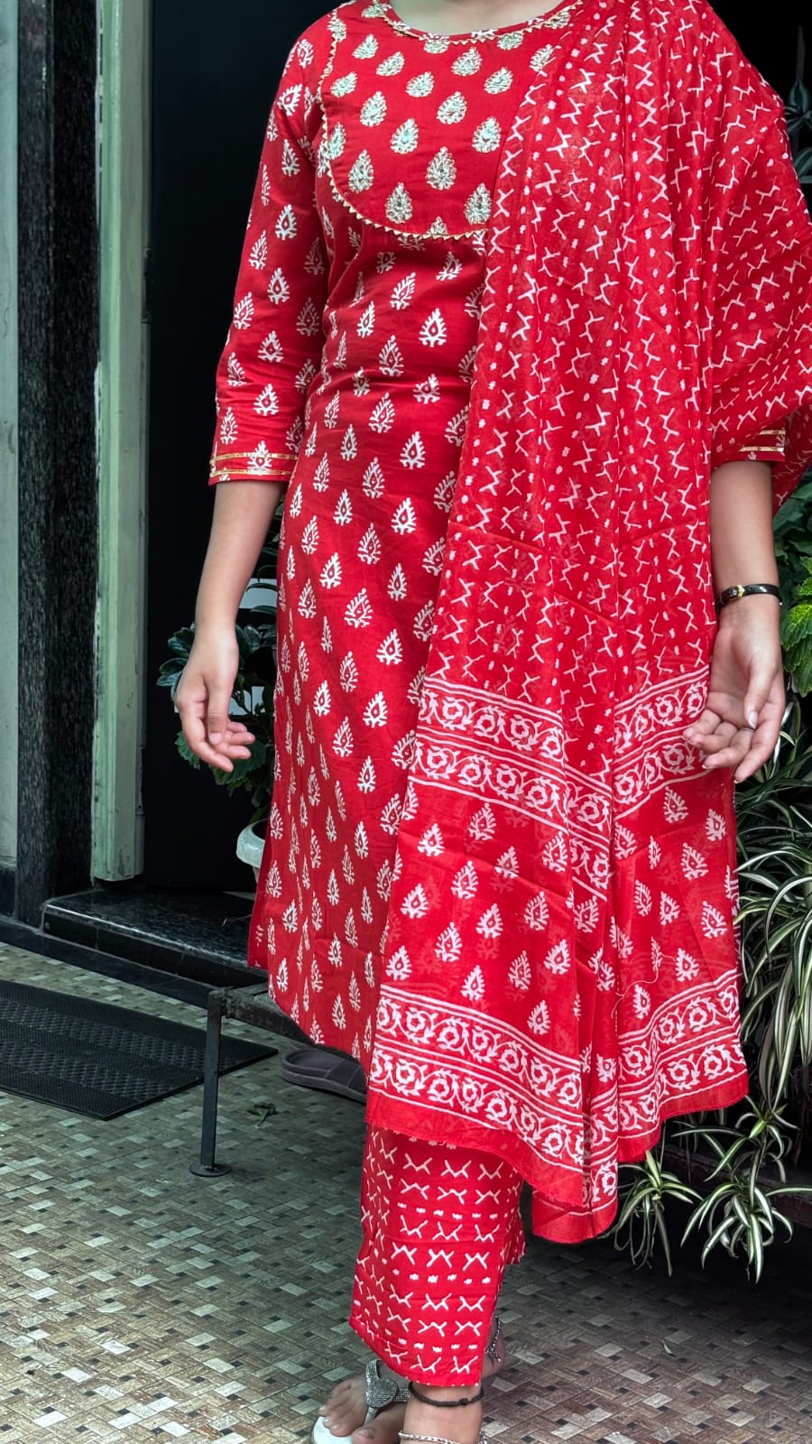 Red Jaipuri Block Print Kurt Pant Dupatta Set