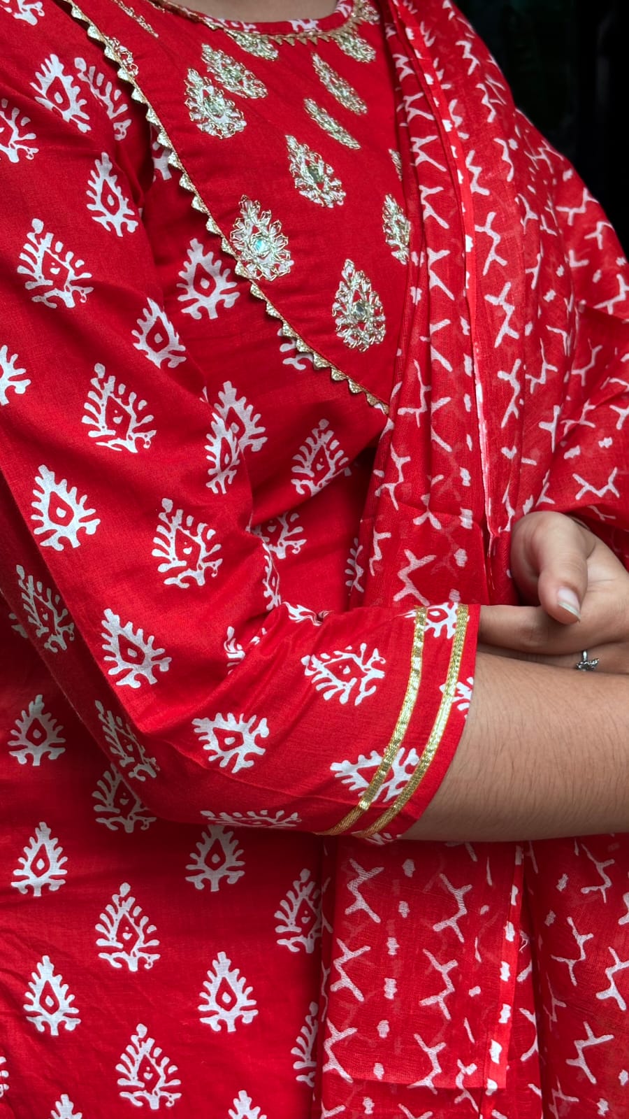 Red Jaipuri Block Print Kurt Pant Dupatta Set