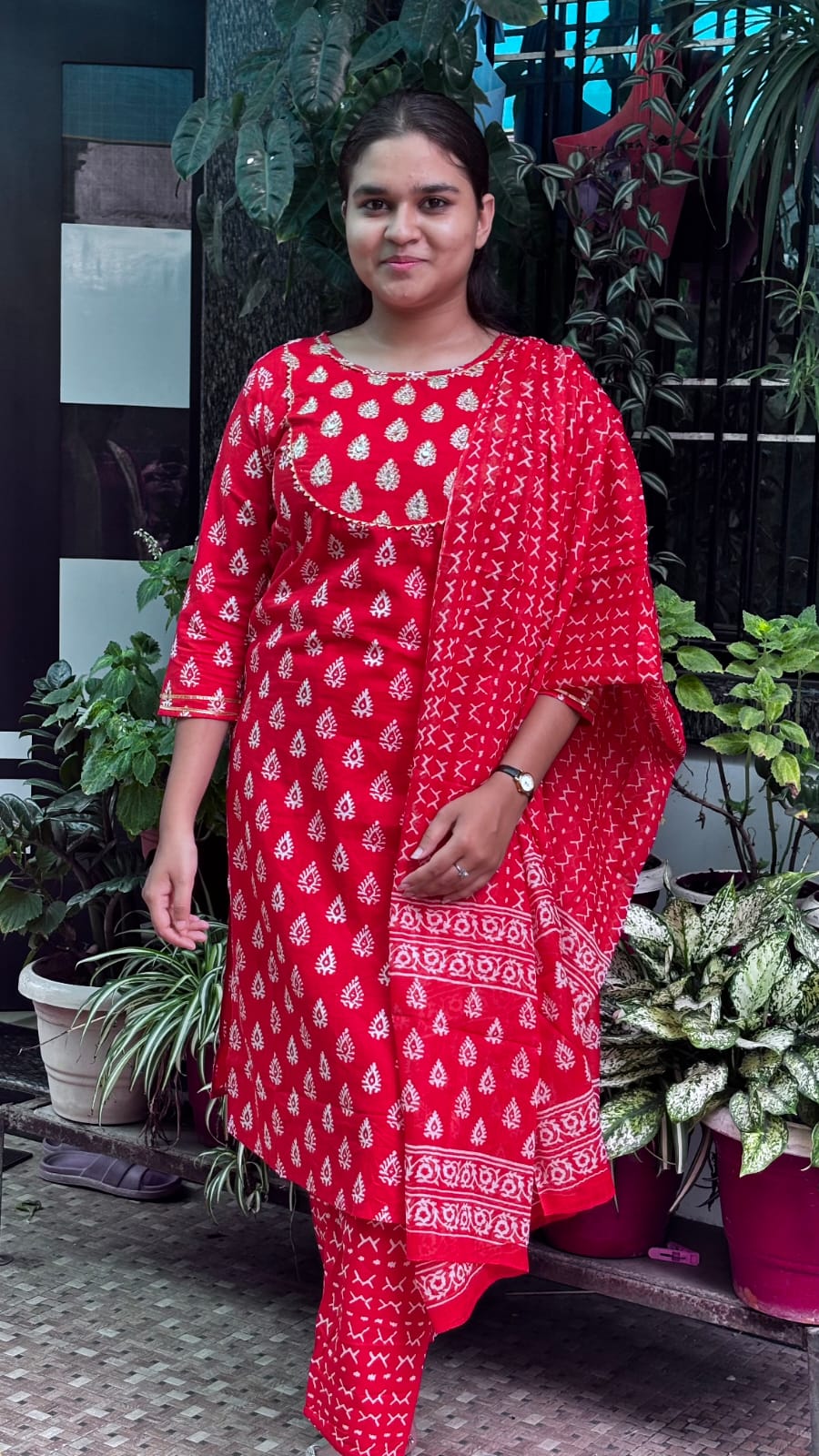 Red Jaipuri Block Print Kurt Pant Dupatta Set