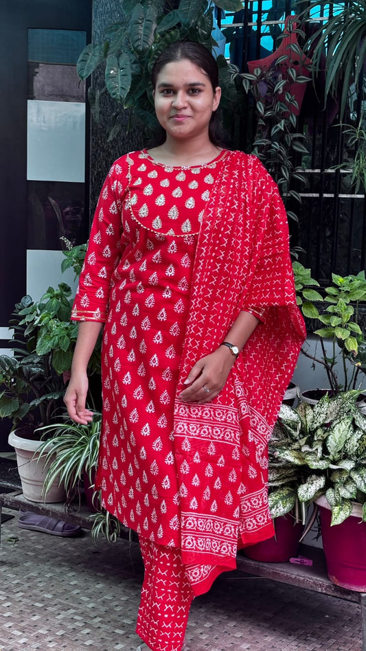 Red Jaipuri Block Print Kurt Pant Dupatta Set