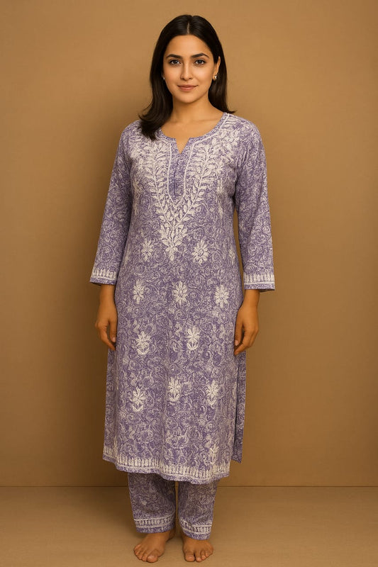 Blue Floral Print Mal Mal Cotton Chikankari Kurti With Pant  For Women