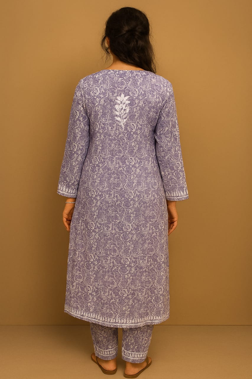 Blue Floral Print Mal Mal Cotton Chikankari Kurti With Pant  For Women