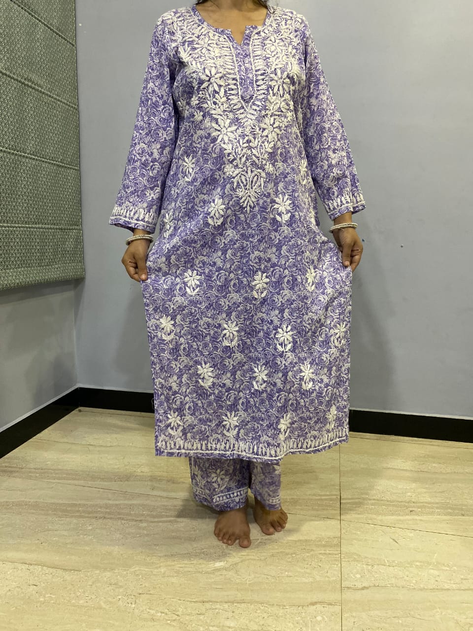 Blue Floral Print Mal Mal Cotton Chikankari Kurti With Pant  For Women