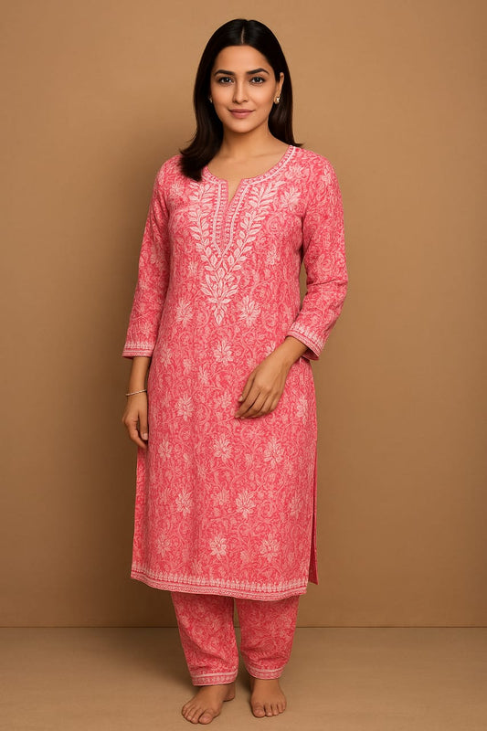 Pink Floral Print Mal Mal Cotton Chikankari Kurti With Pant  For Women