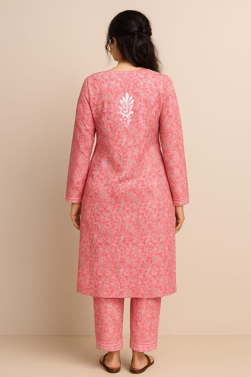 Pink Floral Print Mal Mal Cotton Chikankari Kurti With Pant  For Women
