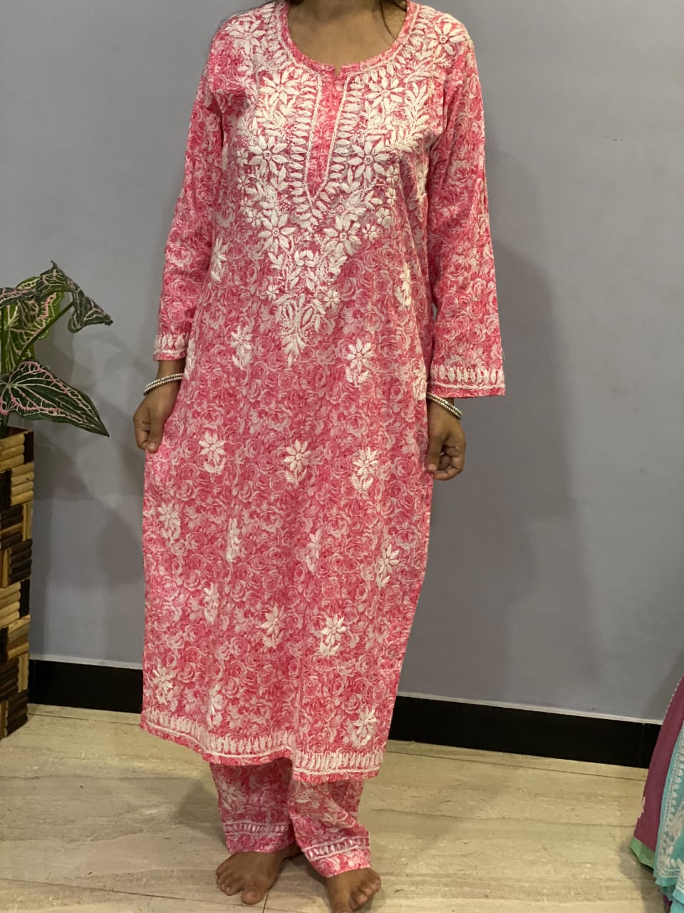 Pink Floral Print Mal Mal Cotton Chikankari Kurti With Pant  For Women