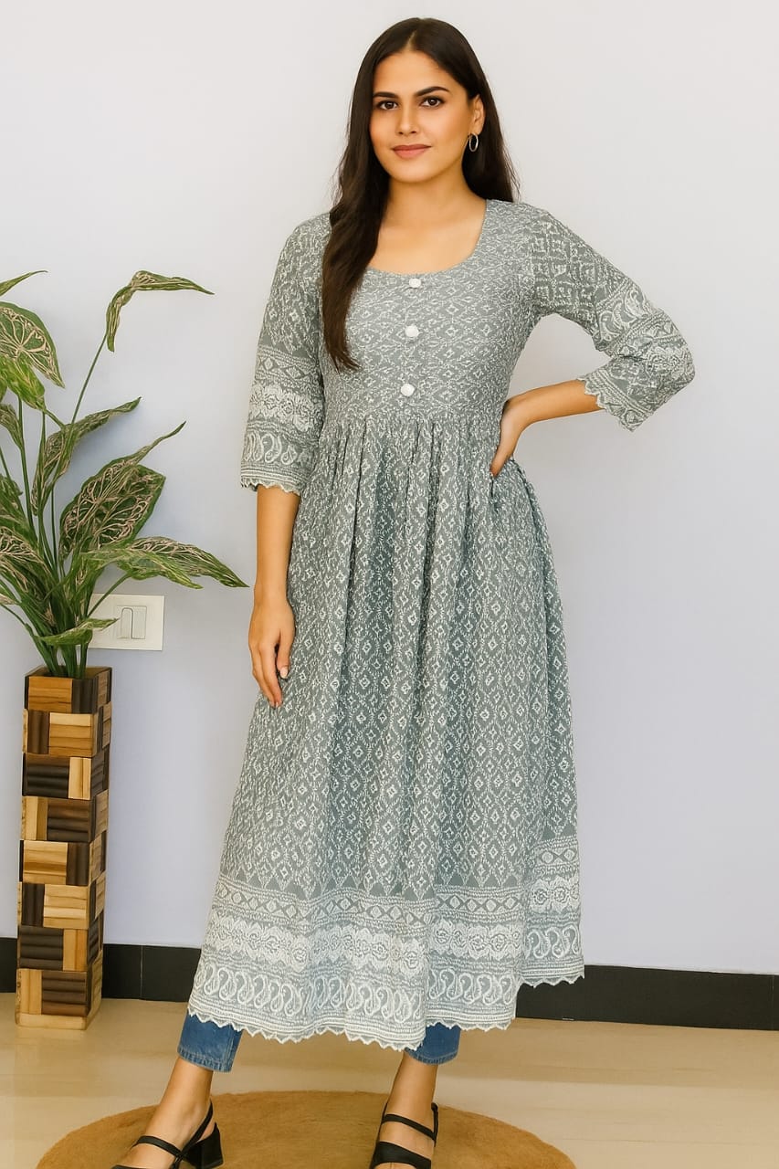 Grey Chikankari Frock Kurti