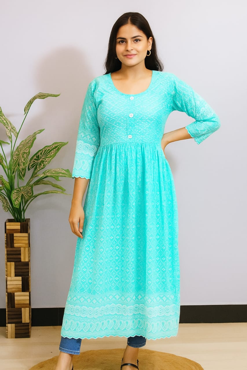 Blue Chikankari Frock Kurti