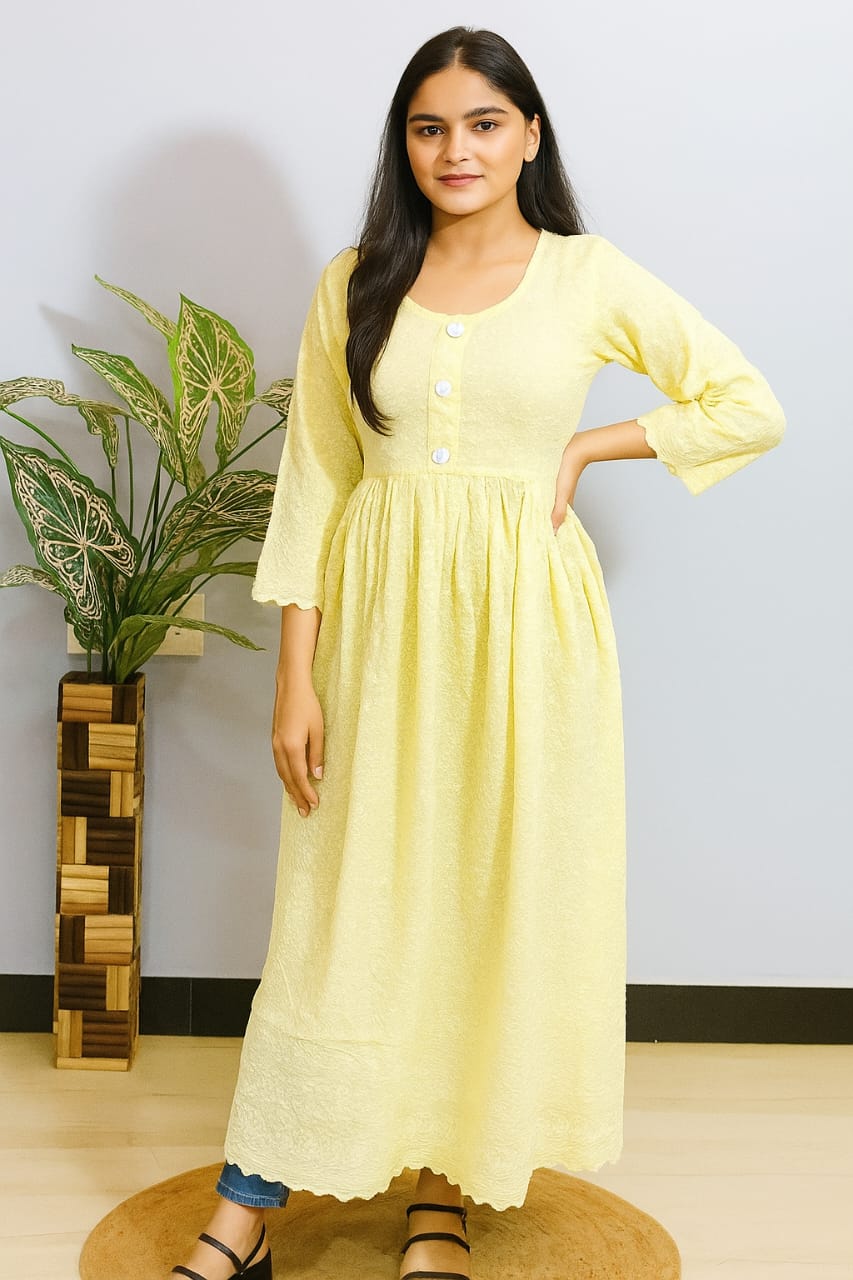 Yellow Chikankari Frock Kurti