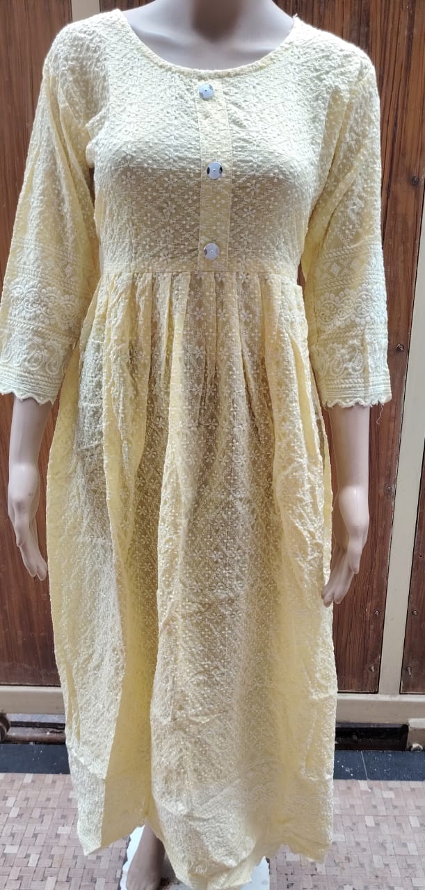 Yellow Chikankari Frock Kurti